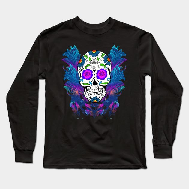 Blue Purple Floral Sugar Skull Day Of The Dead Long Sleeve T-Shirt by Atteestude